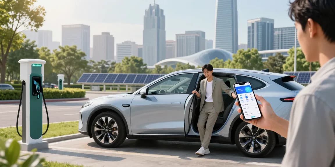 Electric vehicle charging at a modern station showcasing EV technology innovation in a vibrant urban setting.