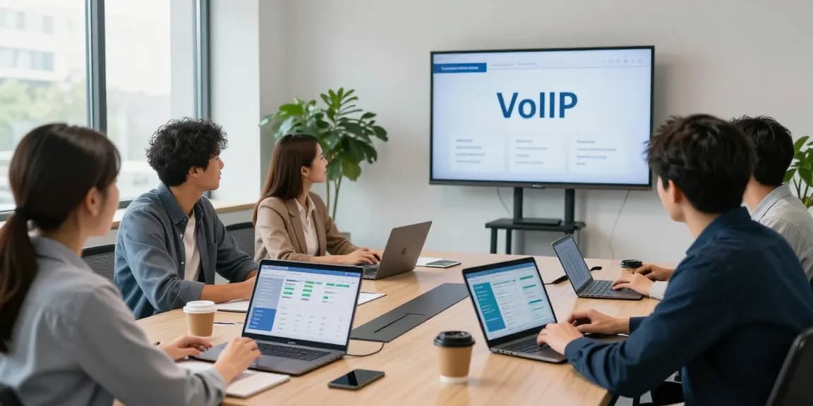 Diverse team discussing the advantages of a VoIP phone system for small business in a modern office environment.
