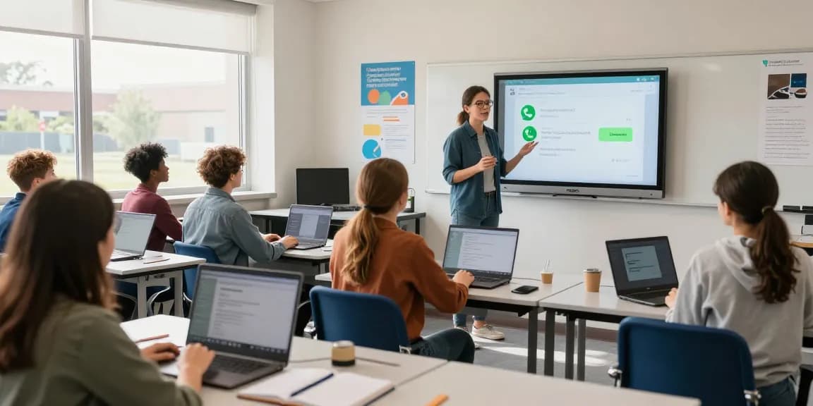 Students learning about WhatsApp下載 features in a modern classroom.