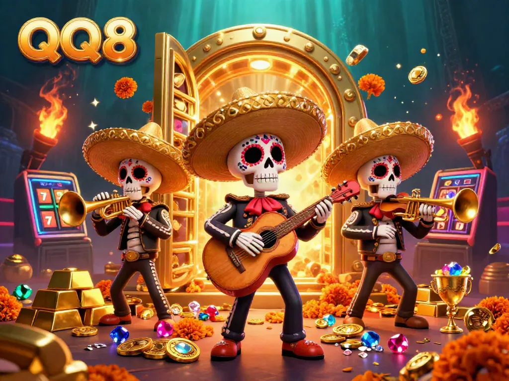 Experience the vibrant energy of QQ88 with a mariachi band among rich casino treasures.