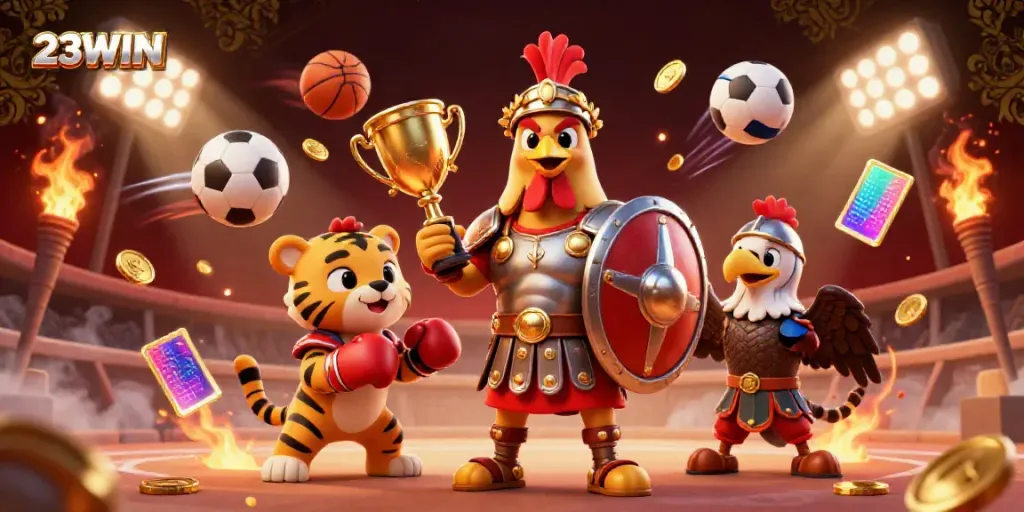 Experience the thrill of 23WIN with vibrant casino action from 3D characters in a dynamic sports scene.