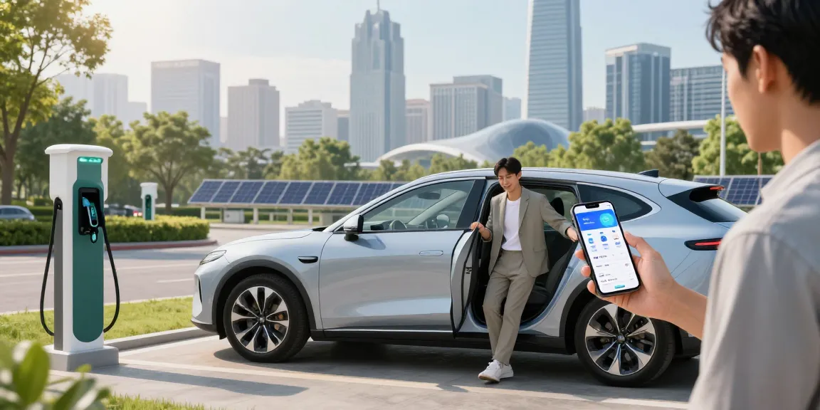 Electric vehicle charging at a modern station showcasing EV technology innovation in a vibrant urban setting.