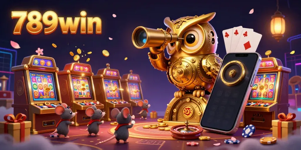 Engage with the vibrant casino world of 789win, featuring a whimsical clockwork owl and bustling slot machines.