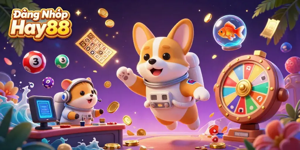 Experience Đăng Nhập Hay88 with a vibrant 3D illustration of an astronaut corgi amidst casino elements.