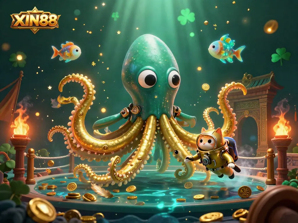 Experience thrilling gaming action with XIN88's vibrant treasure hunt illustration featuring a kraken and diving cat.