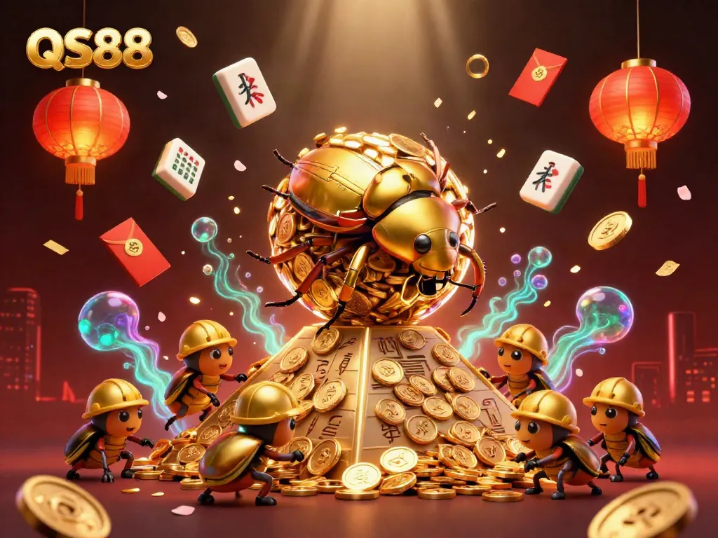 Experience the vibrant casino world of QS88 with golden coins rolling under a glowing pyramid.