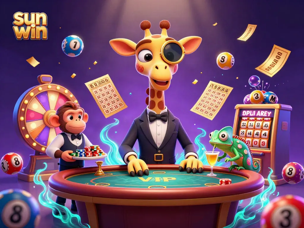 Experience a thrilling sun win as a giraffe high-roller plays poker amidst colorful casino elements.