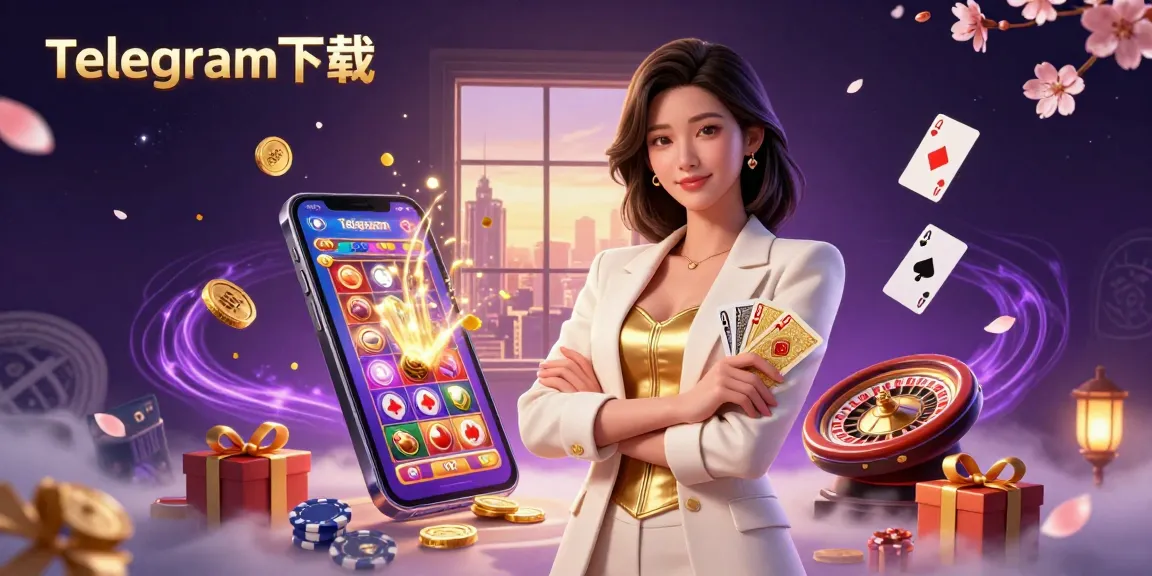 体验与Telegram下载的胜利时刻,特色是一位手持扑克牌的魅力亚洲女性,周围环绕着刺激的赌场元素。