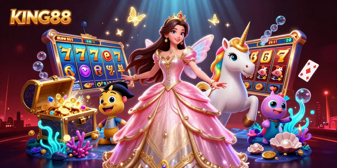 Play exciting mobile games at kING88 with glamorous illustrations of slots and vibrant characters.