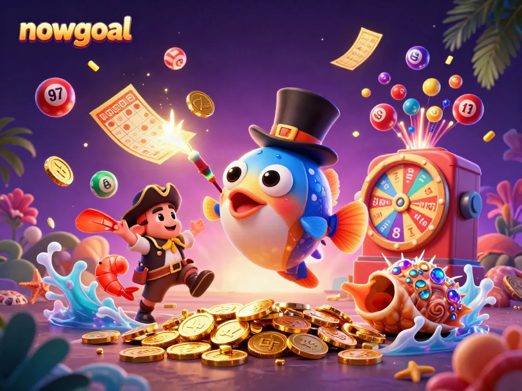 Engage in exciting live betting with nowgoal's vibrant and dynamic lottery-themed scene featuring colorful characters and elements.
