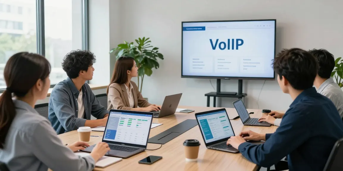 Diverse team discussing the advantages of a VoIP phone system for small business in a modern office environment.