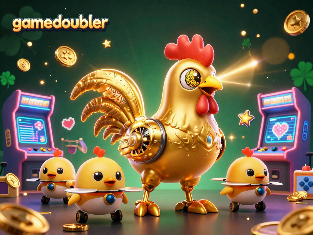 Engage with gamedoubler's vibrant gaming scene featuring a golden robot and arcade machines.