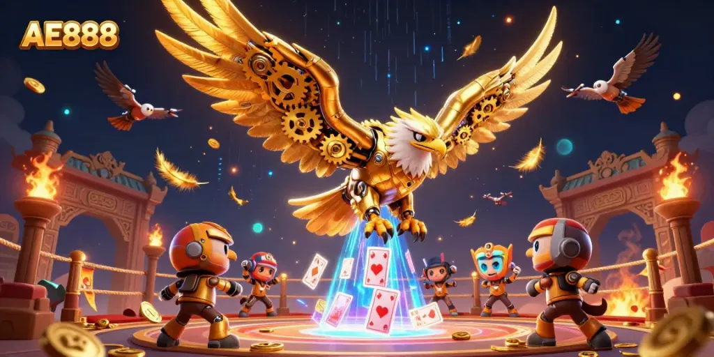 Experience thrilling gameplay with AE888's cybernetic eagle amidst dynamic casino elements.