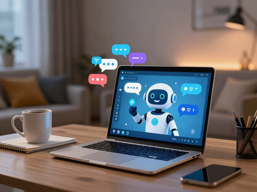 Dynamic scene showcasing a user interacting with nsfw ai chat on a laptop in a cozy home office environment.