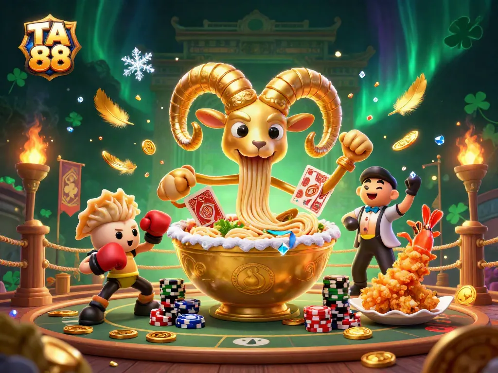 TA 88 vibrant illustration showcasing a golden ramen bowl character enthusiastic in a sports betting arena.