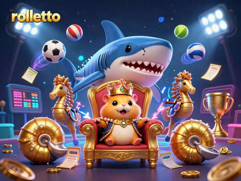 Engage in rolletto gaming with a dynamic 3D illustration of the golden hamster king on a shark throne.