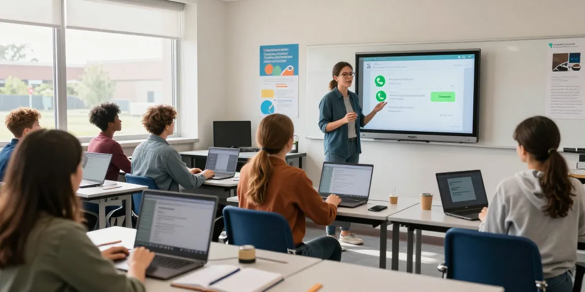Students learning about WhatsApp下載 features in a modern classroom.