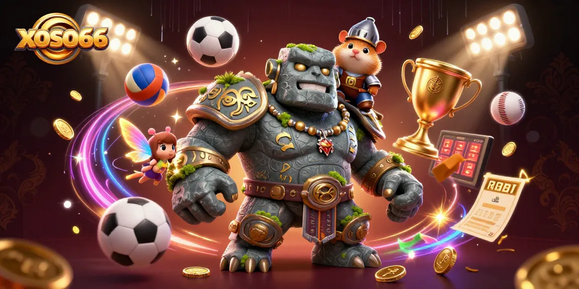 xoso66 brings excitement with a magical golem, fairy, and knight amidst thrilling gambling elements.
