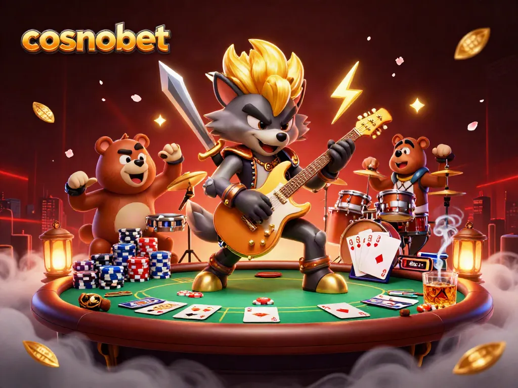 Engage with cosmobet as a cartoon wolf rocks the casino stage, surrounded by poker excitement.