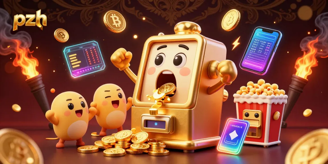 PZH slot machine hitting jackpot, with vibrant casino action, glowing crypto elements, and cheering mini machines.