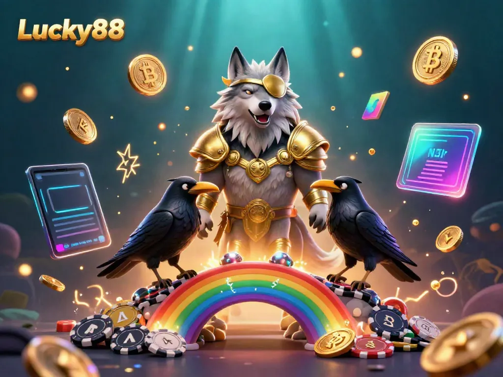 Experience the thrilling casino world with Lucky88 featuring Odin and ravens amidst glowing chips and crypto elements.
