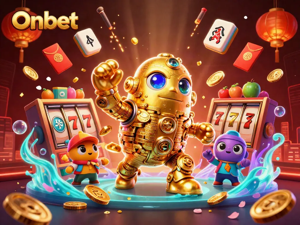 Join the excitement with Onbet's vibrant cartoon scene, featuring a golden golem surrounded by slot elements.