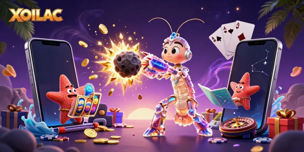 Watch XOILAC's stunning 3D online casino scene with mantis shrimp and sparkling gems.