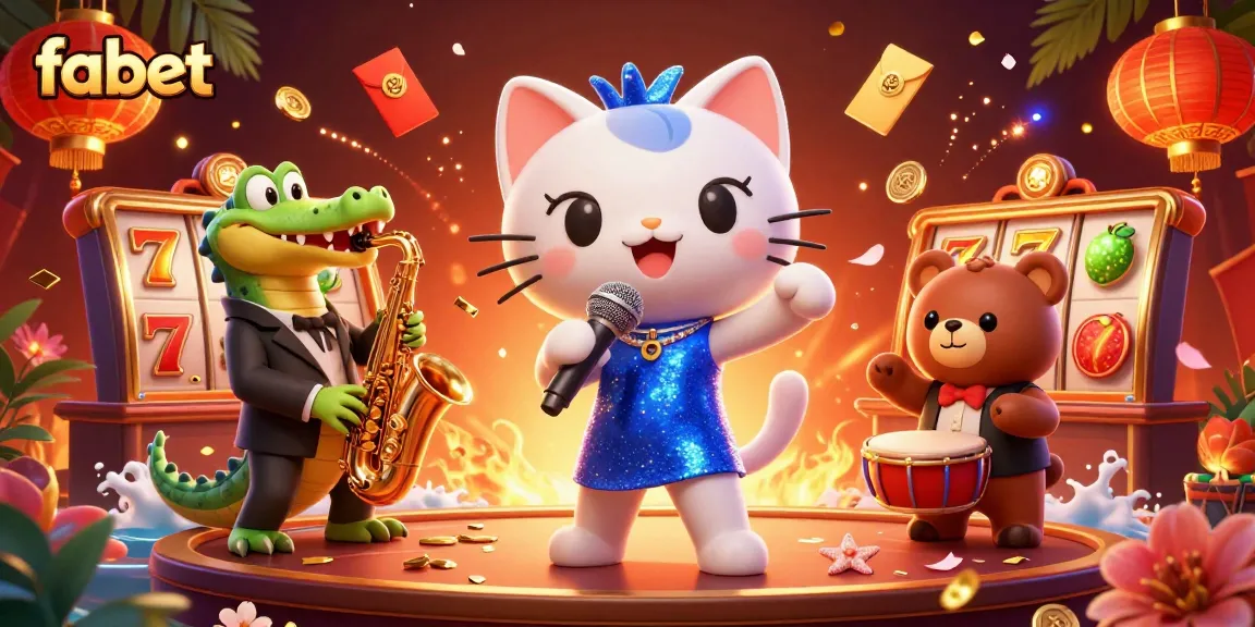 Celebrate big wins with fabet’s vibrant 3D casino scene featuring animated characters and festive game elements.