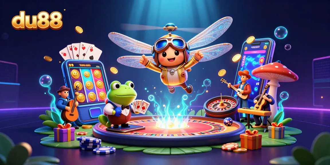 Play slots at du88 with a lively scene of a dragonfly pilot and frog dealer in casino fun.