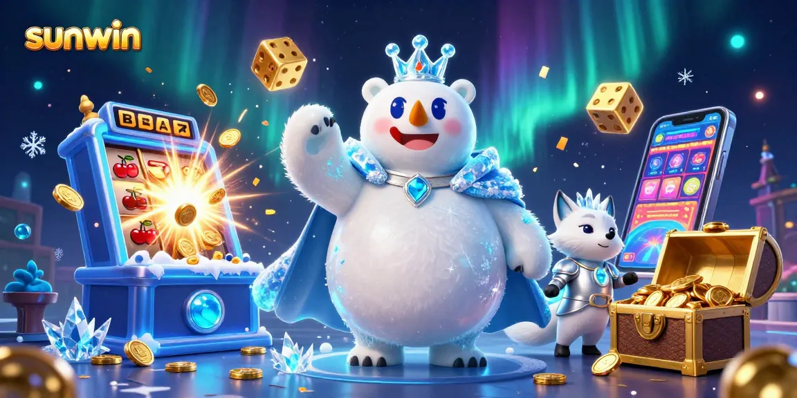 Win big at Sunwin with a whimsical casino scene featuring joyful characters and exciting games.