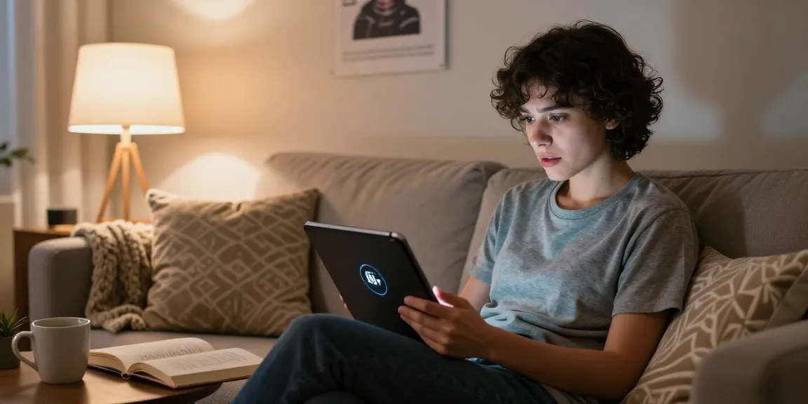 Engaging in adult conversations with an 18+ AI chatbot on a tablet in a cozy home setting.