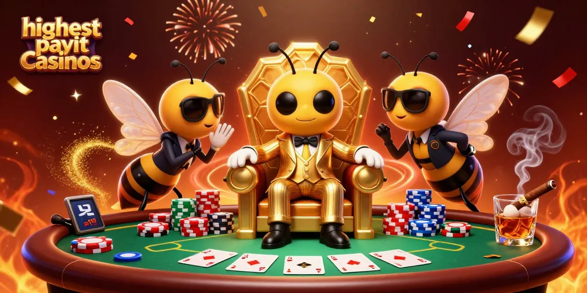 Experience the excitement at the highest payout casinos with a dynamic 3D scene featuring a bumblebee mob boss and poker elements.