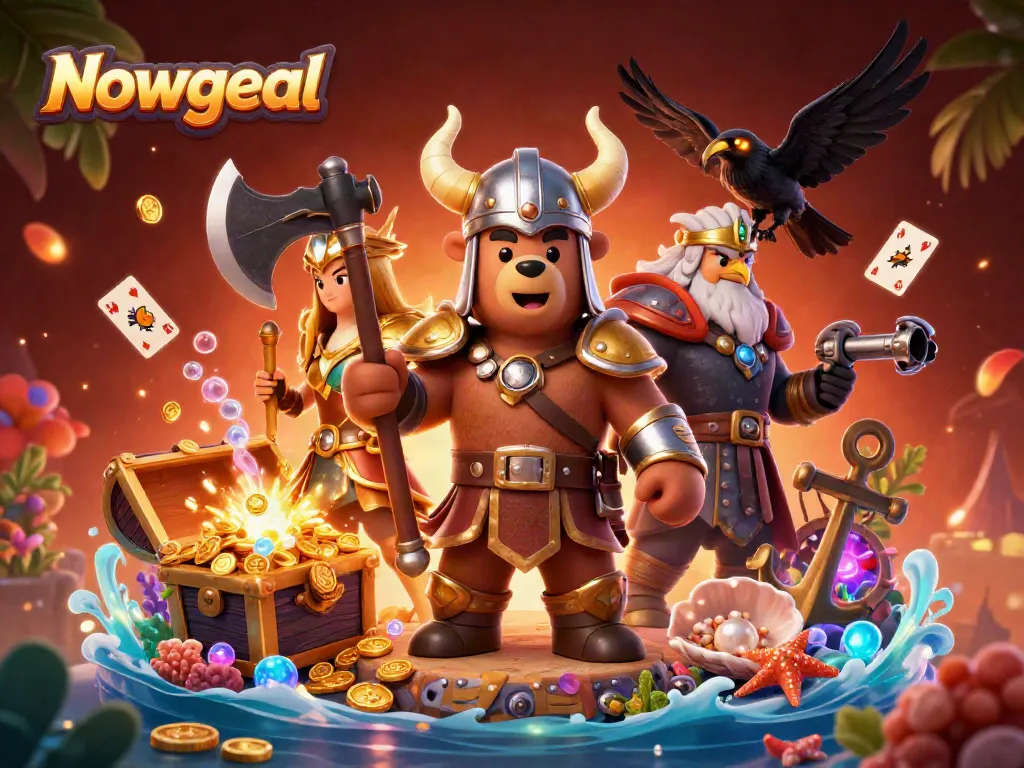 Engage in betting excitement with Nowgoal, featuring a Viking berserker and Valkyrie eagle amidst treasure and floating cards.
