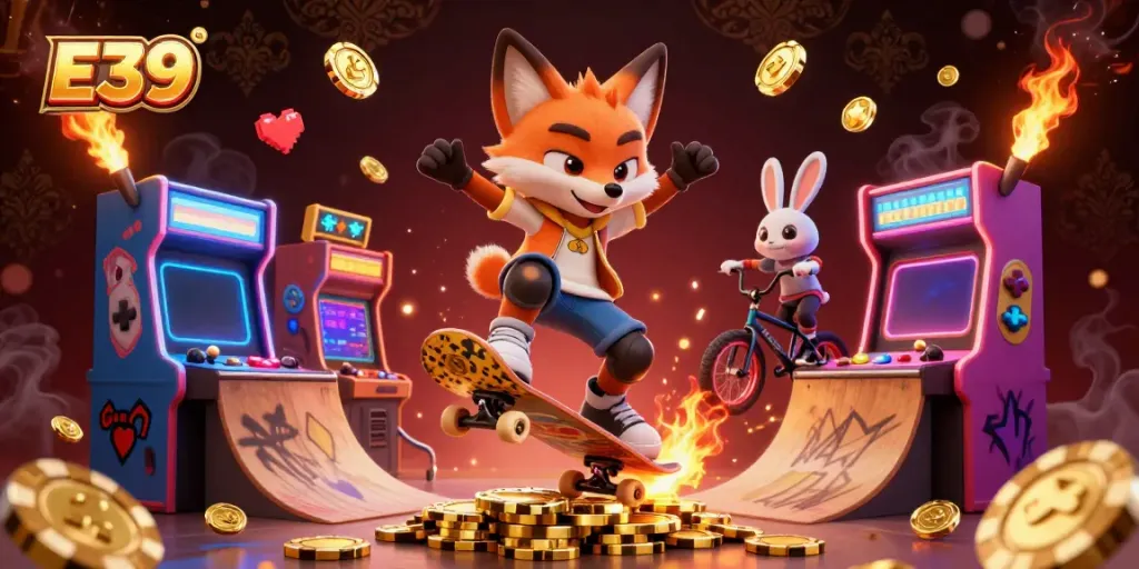 E39 captures an exhilarating scene of a fox and rabbit performing casino-themed tricks, showcasing vibrant gaming elements.