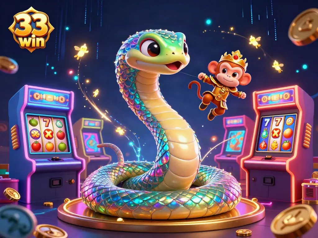 Engage in the exciting world of 33 win with colorful casino elements featuring vibrant characters and jackpot symbols.