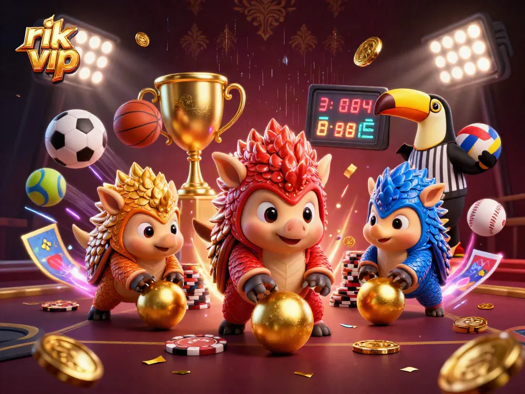 rik vip pangolins compete with poker chips in a vibrant 3D casino scene full of action.