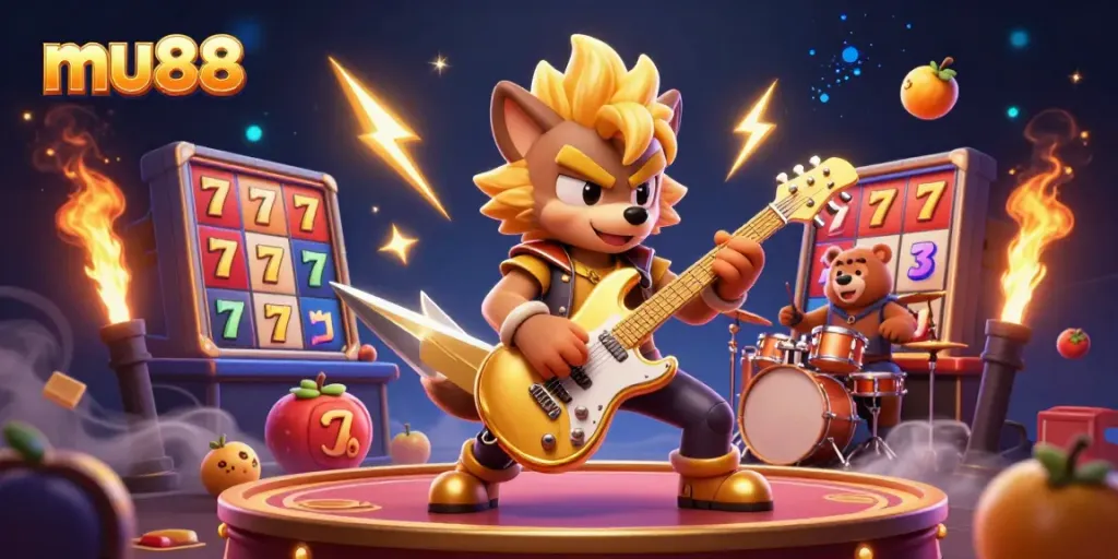Experience mu88's thrilling casino environment with dynamic 3D characters, slot elements, and vibrant action.