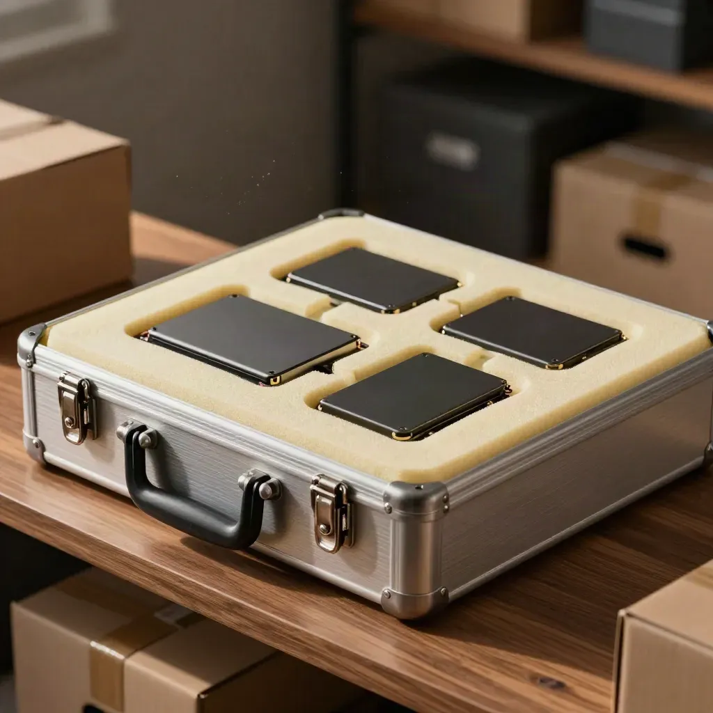 Sealed backup SSDs nested in foam inside a courier archive case on a walnut shelf.