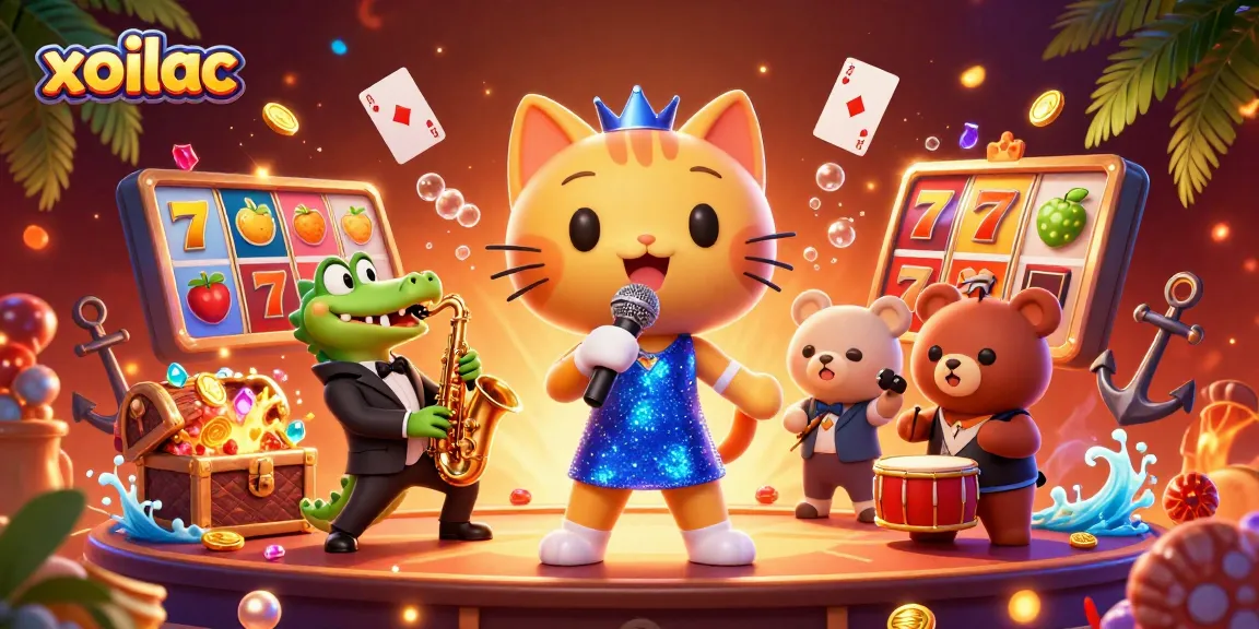 Experience the excitement of gaming with xoilac as characters celebrate casino wins amidst vibrant slot reels and floating cards.