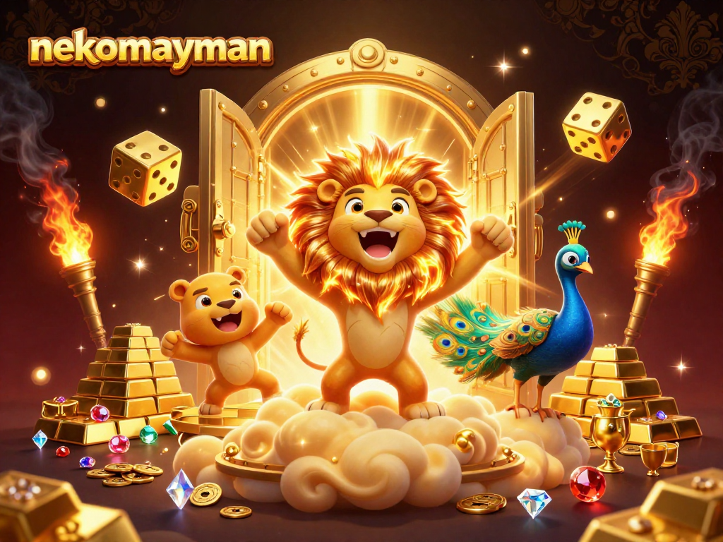 Experience the excitement of nekomayman with dynamic casino elements like golden dice and treasure vaults.