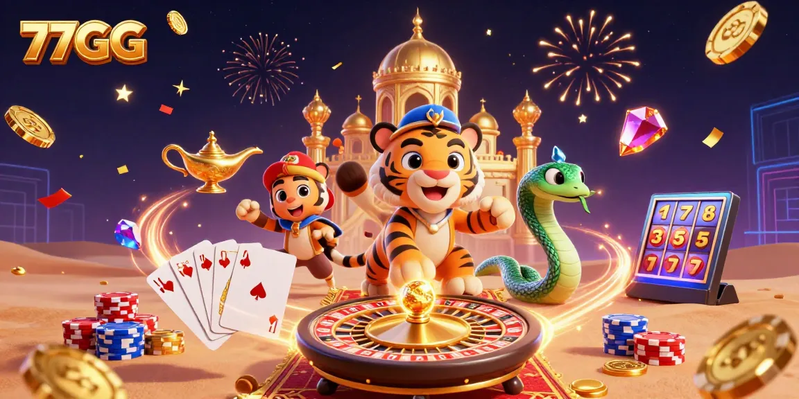 Experience thrilling betting action with 77GG's vibrant casino scene featuring a magical sultan and slot machines.