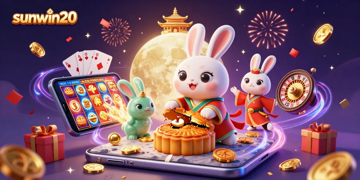Experience the vibrant world of sunwin20 with a 3D moon rabbit celebrating casino winnings.