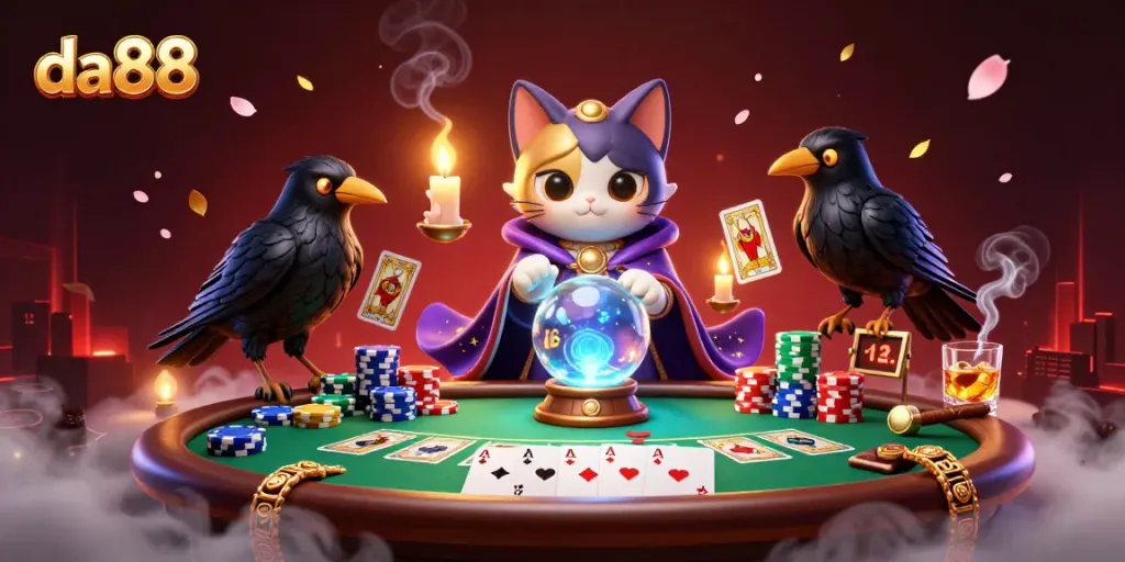 Engage with da88's immersive gaming experience featuring fortune teller mystic cat and poker elements.