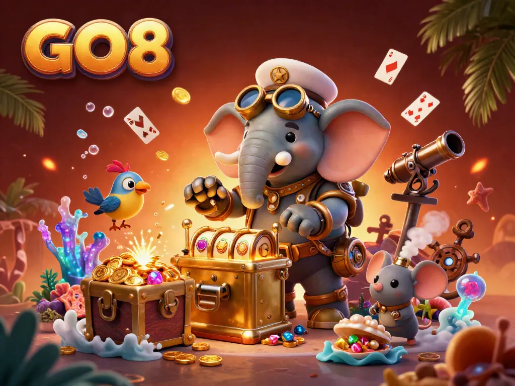 Spin the GO8 slot machine with a steampunk elephant and treasure-themed decorations for a vibrant gaming experience.
