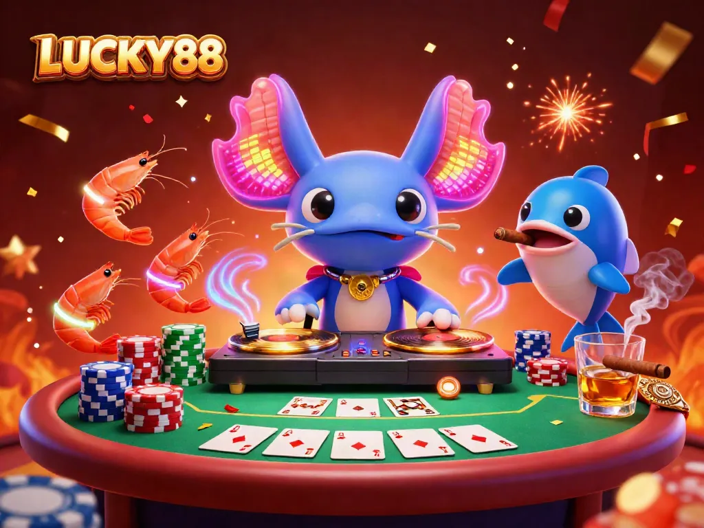 Engage with LUCKY88's vibrant casino scene featuring a neon axolotl DJ and colorful gaming elements.