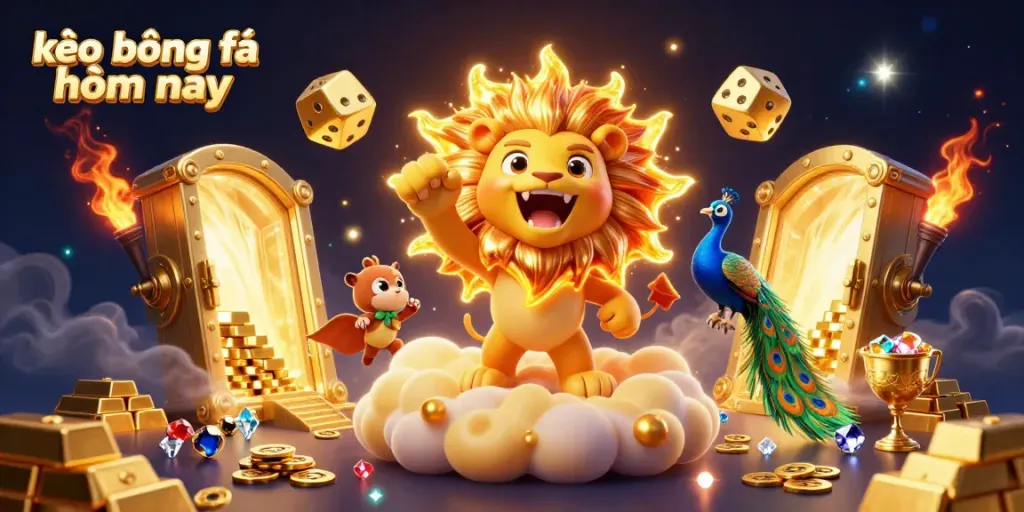 Experience the thrill of kèo bóng đá hôm nay with a vibrant 3D illustration featuring a lion, dice, and treasure elements.