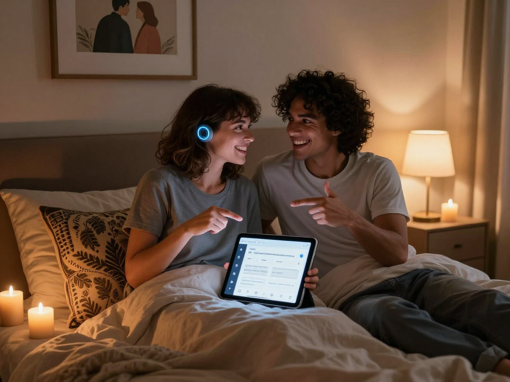 Couple exploring AI sex tools in a cozy, intimate bedroom.