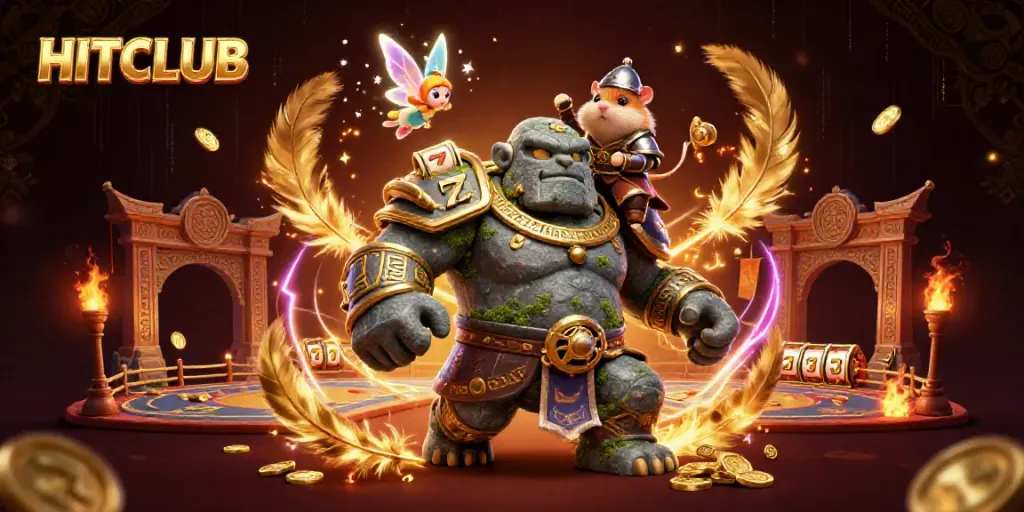 Experience HITCLUB with an exciting golem guardian, fairy magic, and thrilling slot games in a vibrant scene.