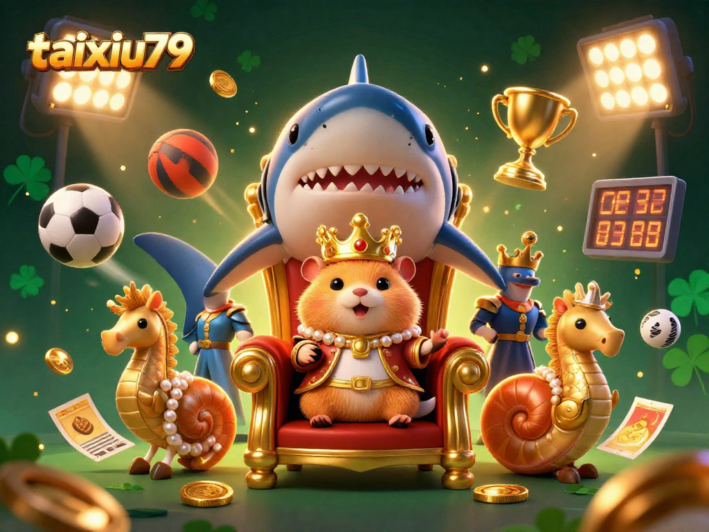 Join the fun with taixiu79 as the golden hamster king rules over his gaming kingdom in this vibrant illustration.