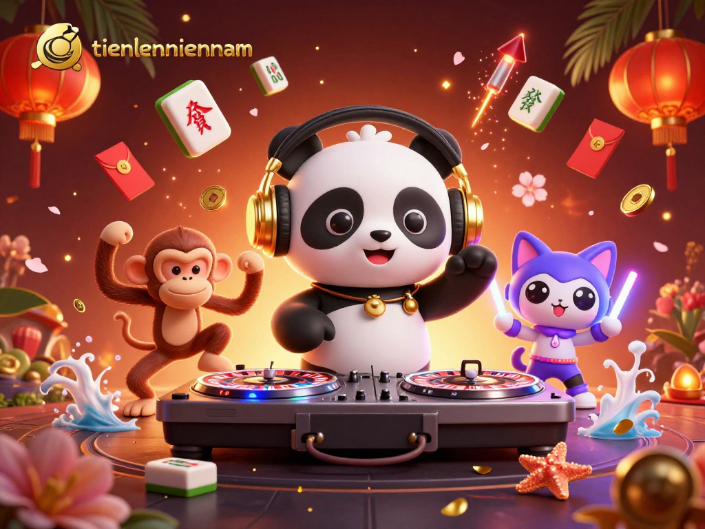 Tienlenmiennam showcases a vibrant 3D scene of a DJ panda and friends engaging in an energetic casino-themed dance party.